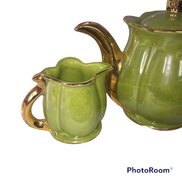 Vintage Pearl Co Teapot Set 22 kt Gold Green Luster Creamer Sugar USA - Picture 2 of 13